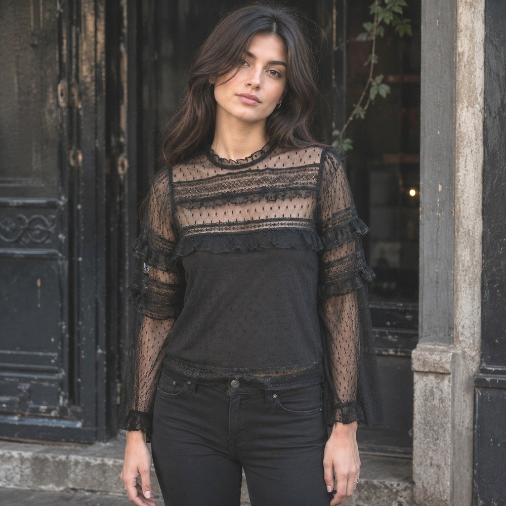 Express Womens Sheer Gothic Top Size S Victorian Indie Sleaze Ruffle Swiss Dot